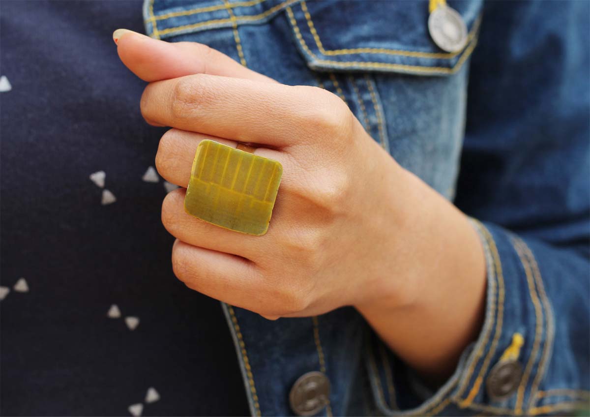 Square Brass Statement Ring - Resizable - Olive-Green - Women Accessories / Gifts for Her - Buy in Bulk Wholesale